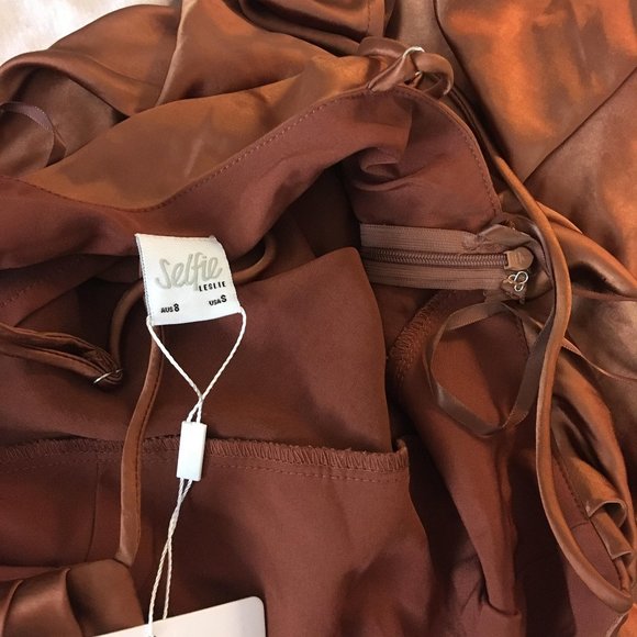 NWT SELFIE LESLIE WELL VERSED Pleated Bust Chocolate Satin Front Slit Dress - Picture 3 of 7